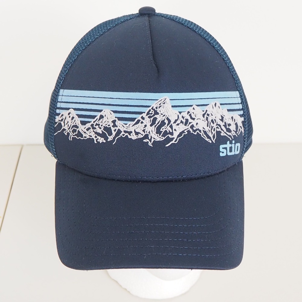 Stio Navy Blue Mesh Trucker Hat with Light Blue Mountain Graphic